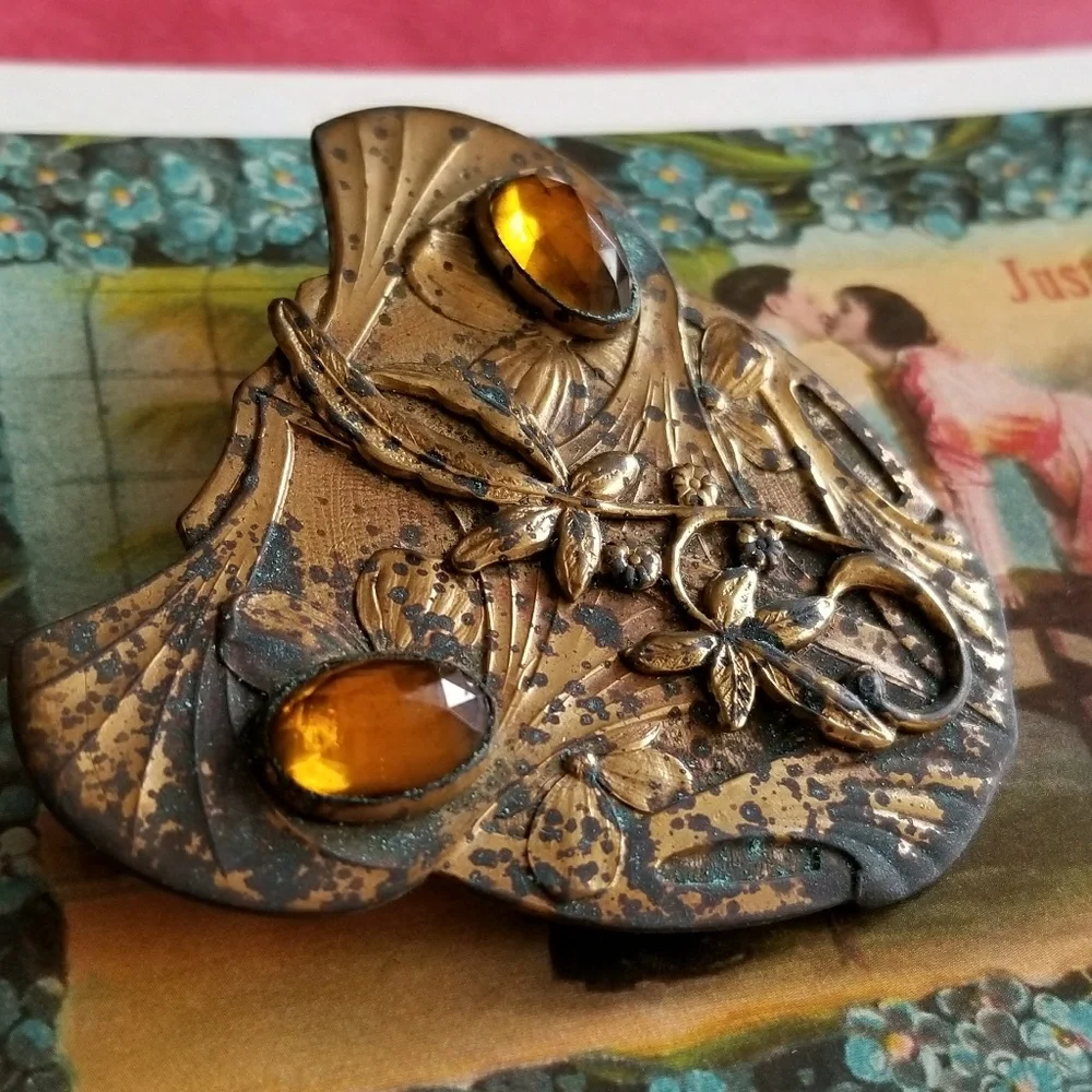 Vintage Art Nouveau brooch large yellow gem gold sash pin